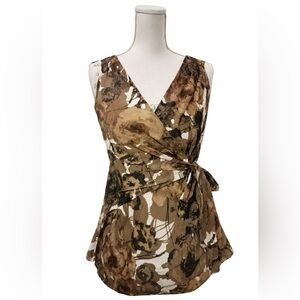 NIC + ZOE Brown Floral Wrap Blouse Top Size 4 NWT V-Neck Tie Waist $109